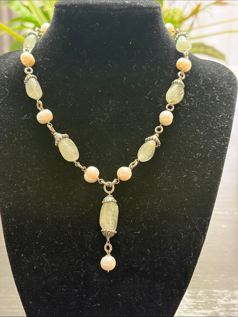 Alana Leigh vintage sterling silver pearl green jade necklace